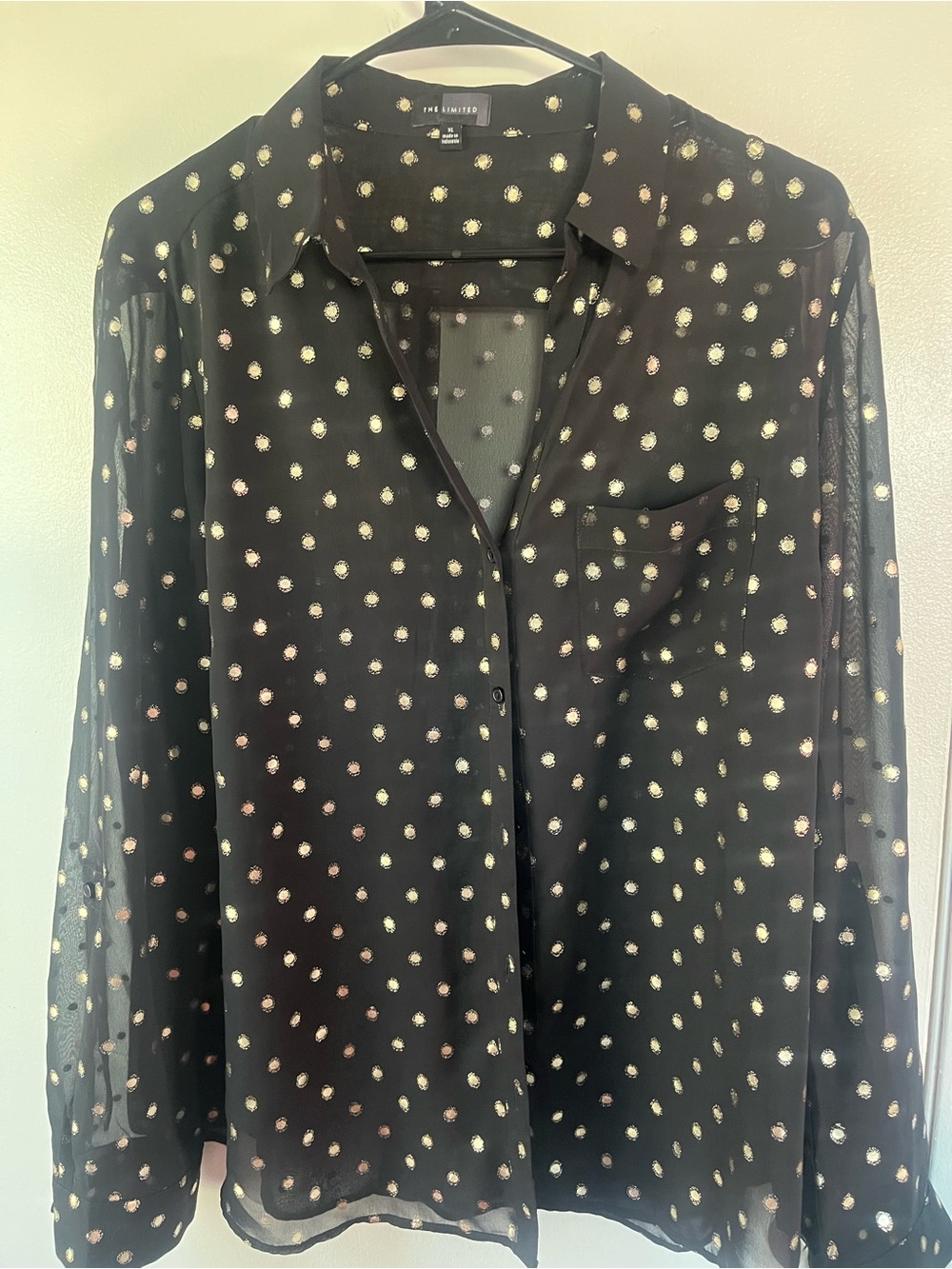 The Limited Black Sheer Blouse with Gold Dot Detail